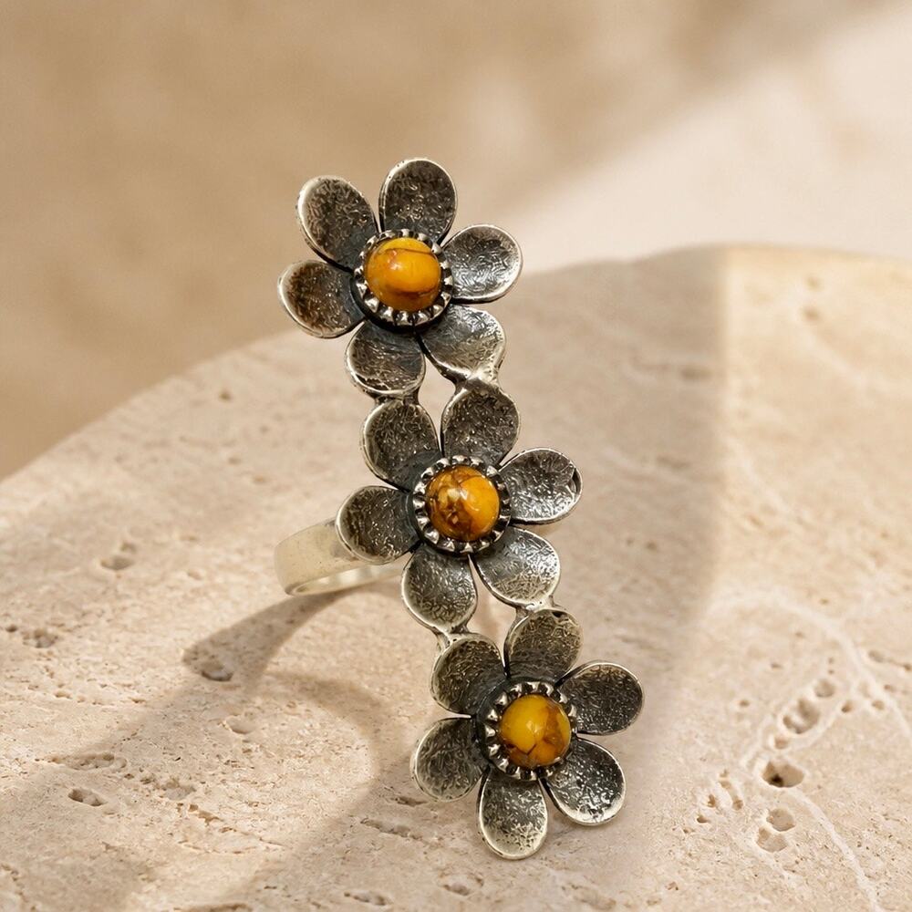Honey Dahlia Turquoise Daisy Flower Three Stone Ring Size 7 Sterling 925